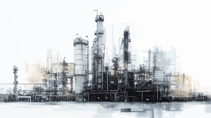 Obraz premium The image is an abstract grayscale depiction of an industrial complex. It appears to be a stylized painting or digital artwork, not a photograph. The style is painterly, with visible brushstrokes