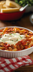 Delicious pasta casserole with meat sauce, mozzarella, and parsley, perfect for a comforting meal with an amazing mountain view.