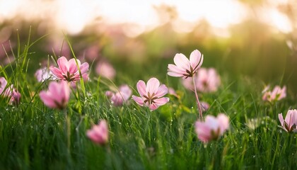 Obraz premium soft petals of pink flowers sway gently in the breeze amidst lush green grass greenery morning