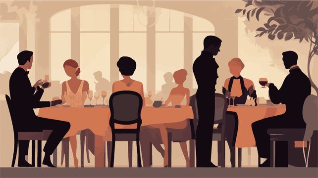 A stylized illustration depicting a formal dinner party. The image is rendered in a retro style using silhouettes of people seated around a large table, set with an orange tablecloth. The figures