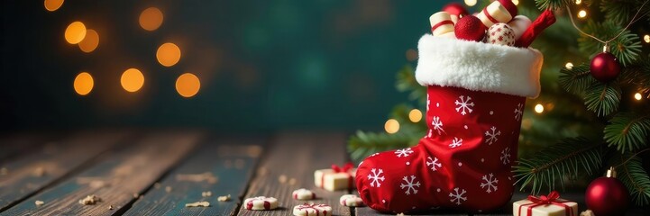 Stocking filled with holiday treats and goodies, festive, gift, presents