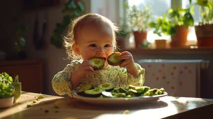 A joyful baby sits at a wooden table, holding and tasting fresh avocado slices. Sunlight illuminates the cheerful scene filled with houseplants