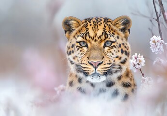 Fototapeta premium Majestic leopard gazing curiously through soft blossoms in serene natural setting with gentle hues, showcasing beauty and grace of wildlife in delicate harmony