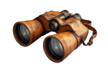 Antique Leather Binoculars, Weathered And Worn, Hinting At Untold Adventures And Distant Horizons, Showcasing Rich, Earthy Tones Isolated on Transparent Background
