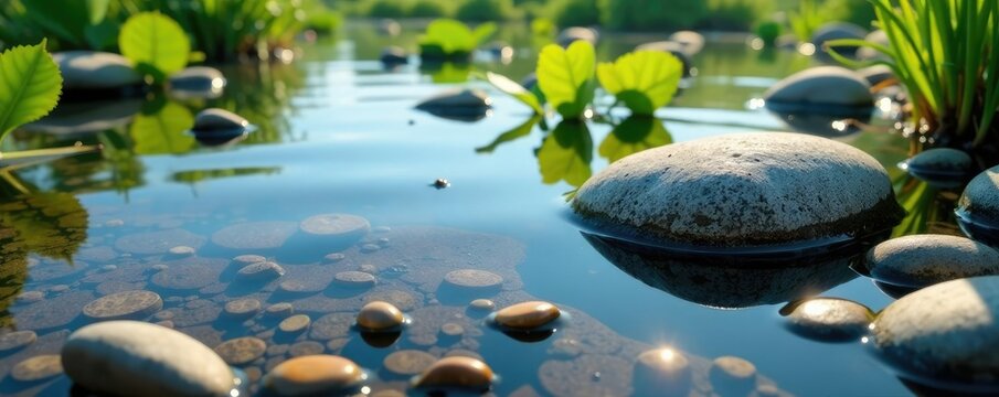 Stones and pebbles in shallow lake with aquatic plants, reflection, sky