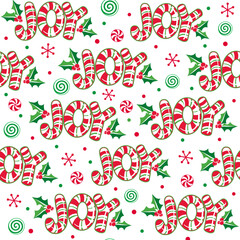 Seamless Pattern of Christmas Cute Joy Text in Candy Cane with Holly Leaves and Berries- Christmas Candy Cane Vector Illustration