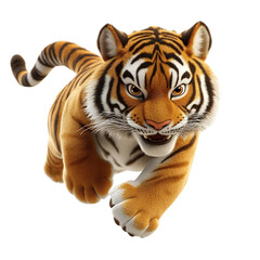 A Brave 3D Cartoon Tiger Leaping Over an Obstacle Isolated on Transparent Background