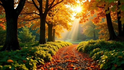 Fototapeta premium Warm sunlight filters through dense autumn foliage, greenery, nature, foliage