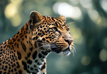 Naklejka premium Majestic Leopard Gazing Mysteriously in a Lush Green Environment, Capturing the Beauty of Wildlife and Nature in Stunning Detail