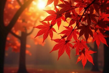 Warm sunlight filters through maple leaves in autumn, red, nature, tree