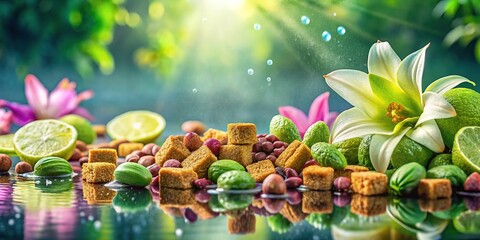 Organic pet treats, lagoon-themed food photography, widescreen.