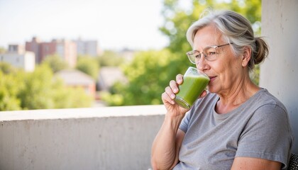 Fototapeta premium Senior woman enjoying healthy green drink on balcony 