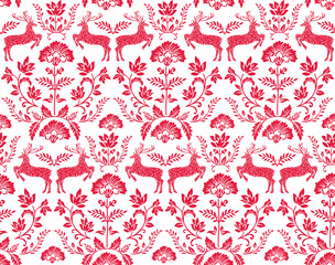 Seamless Pattern of Scandinavian Christmas Deer and flowers, Nordic Red Reindeer-Christmas Vector design