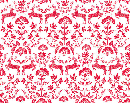 Fototapeta Seamless Pattern of Scandinavian Christmas Deer and flowers, Nordic Red Reindeer-Christmas Vector design