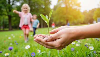 Hand holding young plant with children playing in background, World Environment Day