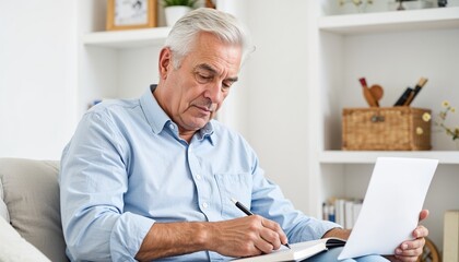 Elderly man writing notes in a cozy living room  
