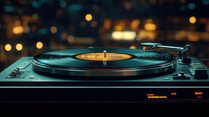 a vinyl record spinning on a turntable, illuminated by neon reflections, with an abstract background blending warm and cool tones for an immersive vintage aesthetic