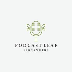 Podcast microphone and green leaf icon logo design illustration template.