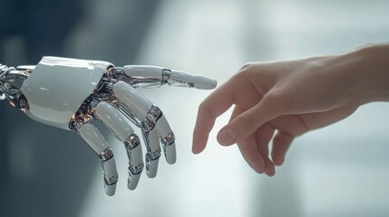 Human Hand Reaching Out to Touch a Robotic Hand Representing Technological Advancement and the Future of Human Robot Interaction