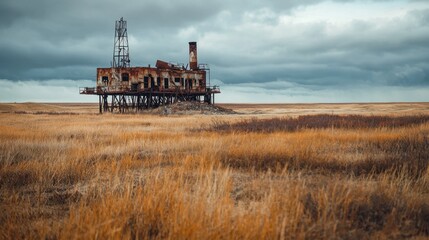 Fototapeta premium Rusty, deserted building stands on stilts amidst dry grasslands. Dark clouds loom overhead, creating an eerie atmosphere in the expansive prairie landscape