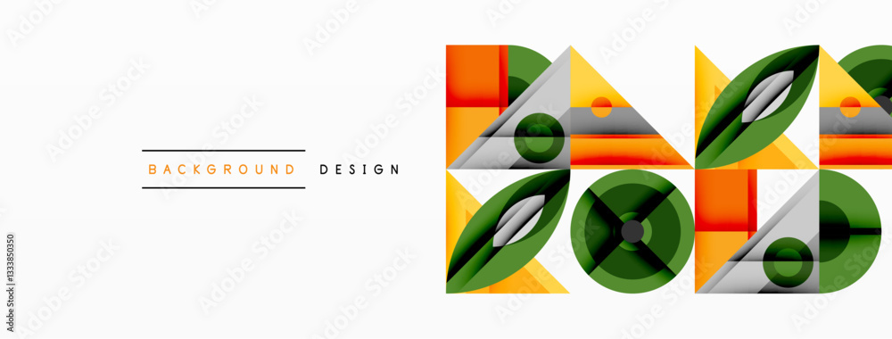 Poster Geometric abstract composition with intersecting shapes, circles, triangles, and gradients, blending vibrant colors and dynamic contrasts to create a modern, futuristic visual design