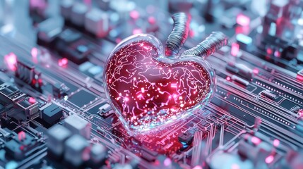 A heart-shaped object made of glass sits on a circuit board, glowing with red and pink lights. The intricate connections suggest a blend of technology and emotion, creating a captivating visual