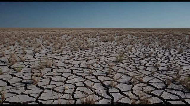 A parched landscape characterized by cracked earth and sparse vegetation under a clear blue sky, illustrating the effects of drought and climate change on arid regions.