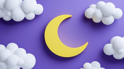 A charming yellow crescent moon floats among white, fluffy clouds on a rich purple background, creating a whimsical and dreamy presence ideal for bedtime themes