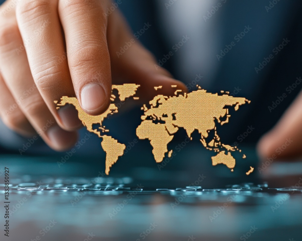 Poster hand placing golden world map on digital surface with technology theme
