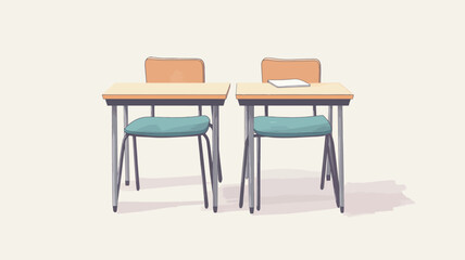 The image shows a digital rendering of two simple student desks and chairs. Each desk is light-colored wood with a teal cushioned chair. The desks have simple metal legs and are positioned