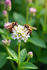 Wasps collecting nectar from white valerian blossoms, garden scene, flowers, spring