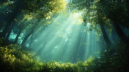 Soft rays of sunlight pierce through the canopy of leaves in a lush forest, illuminating the vibrant greenery and creating a serene, enchanting environment