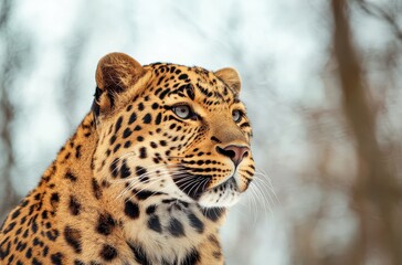 Fototapeta premium Majestic leopard in a winter landscape displaying striking spots and intense gaze, showcasing wildlife beauty in a serene natural habitat