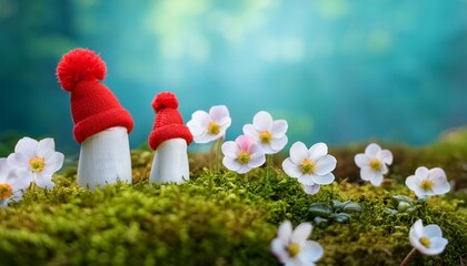 whimsical tiny figures in red hats on forest moss surrounded by flowers