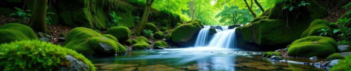 Fototapeta premium Water cascades down mossy rocks in a lush green forest, trees, green, nature