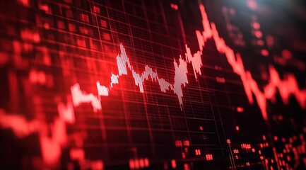 Close-up of a red stock market graph going down on a digital screen, against a black background