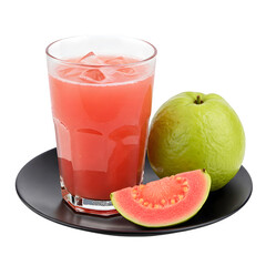 Fresh guava and a glass of guava juice are displayed on a black plate