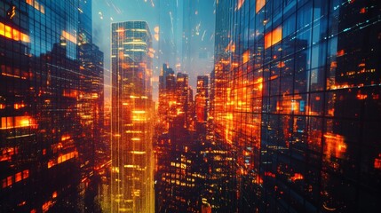 Fototapeta premium Night Cityscape Illuminating Modern Skyscrapers