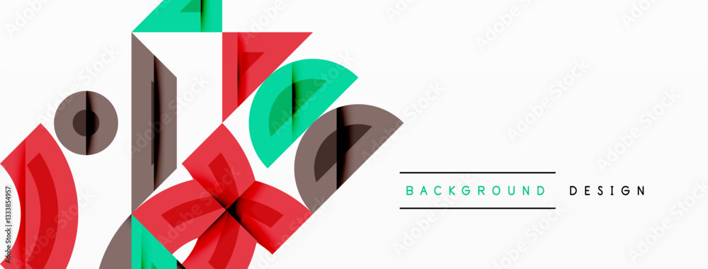 Poster Abstract geometric background with shapes, featuring circular and rounded elements. Bold contrast, smooth gradients, dynamic composition, futuristic style