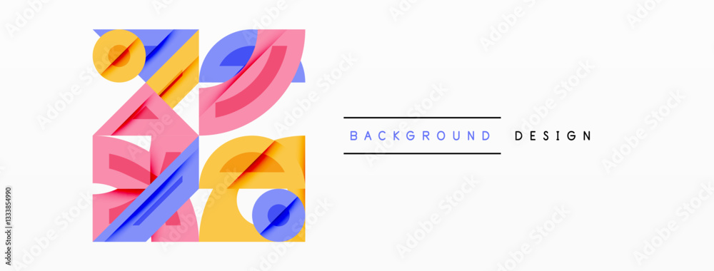 Poster Abstract geometric background with shapes, featuring circular and rounded elements. Bold contrast, smooth gradients, dynamic composition, futuristic style
