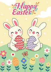 Happy Easter Bunny Holding Egg Graphic Art Vector