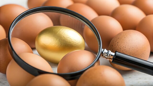 Magnifying Glass Focus on Golden Egg Among Brown Eggs on Table - Stock Dividend Valuation,