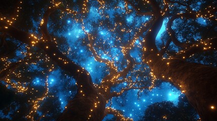 Enchanted canopy of twinkling lights illuminating a night sky wonderland