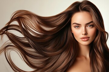Obraz premium A beautiful woman with long, flowing hair is posing for the camera. She has smooth and shiny brown hair that flows down her back in elegant waves