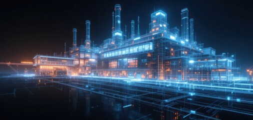 Fototapeta premium Futuristic Industrial Complex with Glowing Blue and Orange Grid Lines