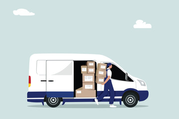 Delivery man with copy space lifting goods, hands full of cardboard boxes to customer. The courier sends the package to the ordered.