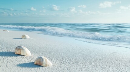 Delicate seashells are positioned on the soft sandy beach as the sun rises, casting a warm glow over the serene ocean and gentle waves lapping the shore