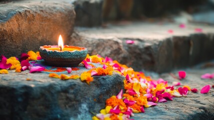 Lit Candle Stone Steps Floral Offering