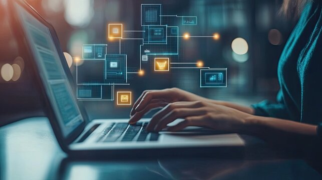 Woman using laptop computer with digital network interface overlay showing online shopping ecommerce data processing and connectivity