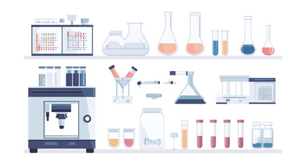 A flat-lay style vector illustration depicting various laboratory equipment and supplies.  The illustration features a variety of glassware including beakers, flasks, and test tubes containing